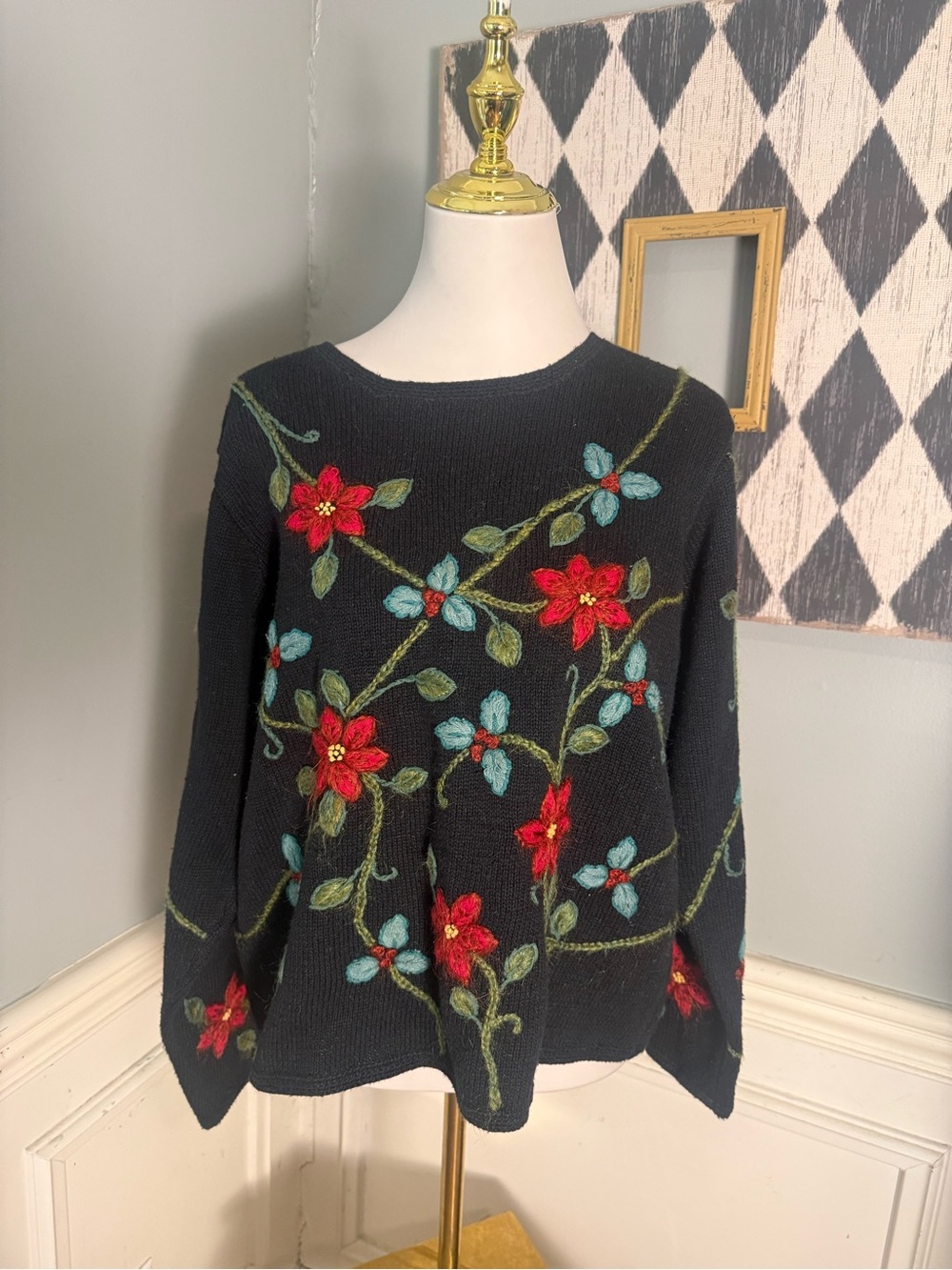 Northern Isles XL Black Floral Embroidered Ramie Mohair Sweater Cottagecore
